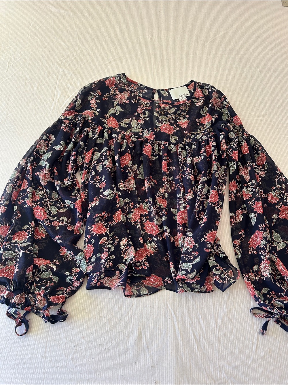 Anthropologie Chloe Oliver Navy Floral whimsical Beaded Peasant Top